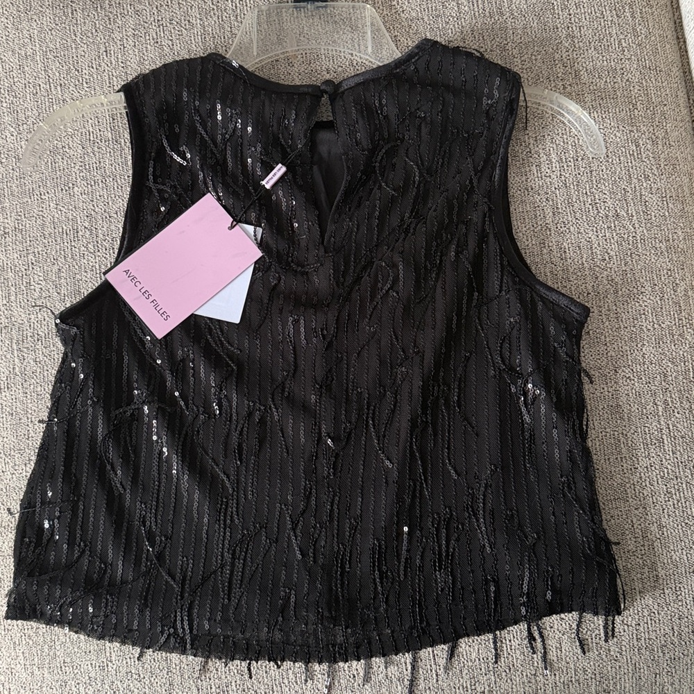 NWT Avec Les Filles Shimmering Black Top, chic XS, women’s crop luxe elegant